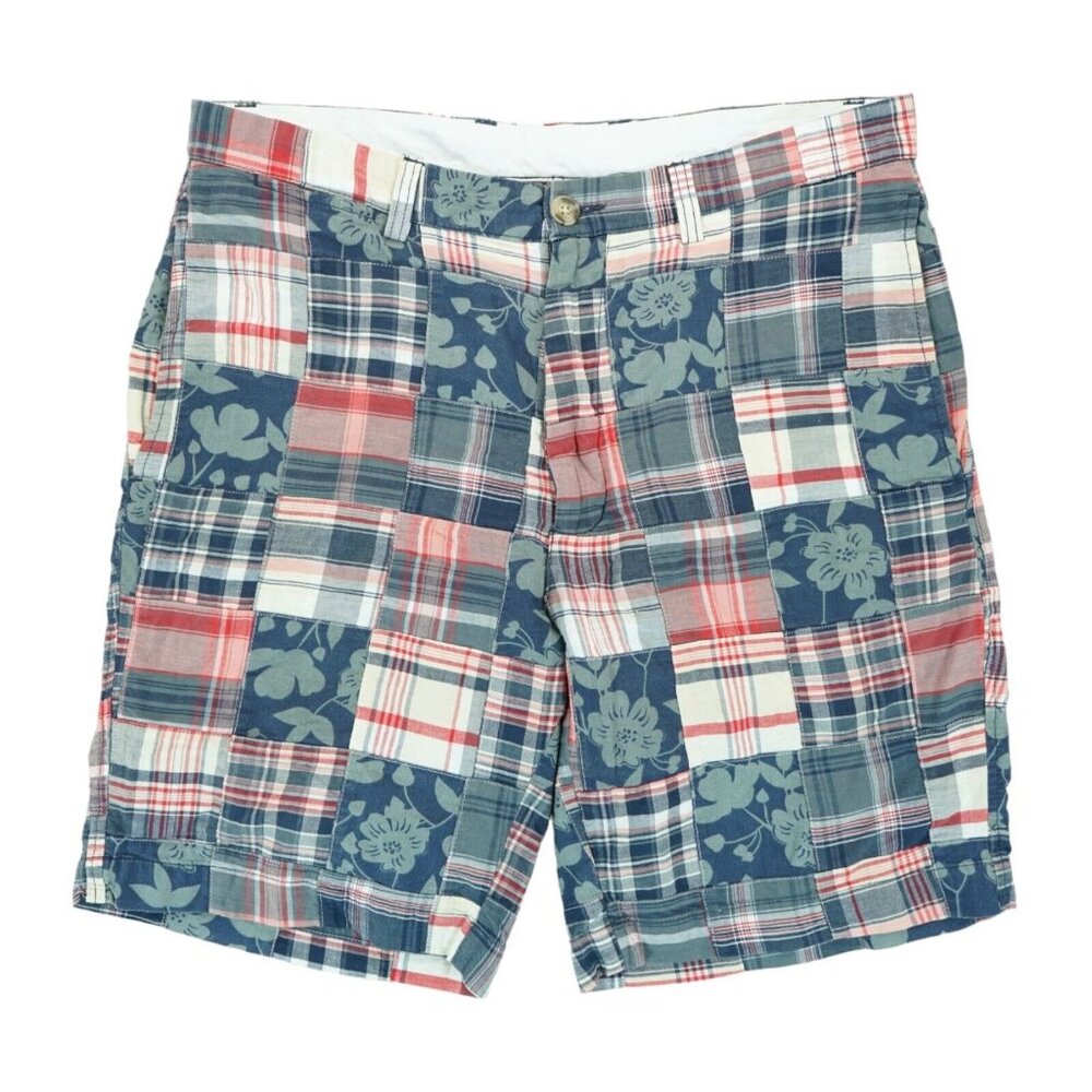 Roundtree & Yorke Cotton Madras Shorts Mens 34 Plaid Patchwork Floral Flat Front